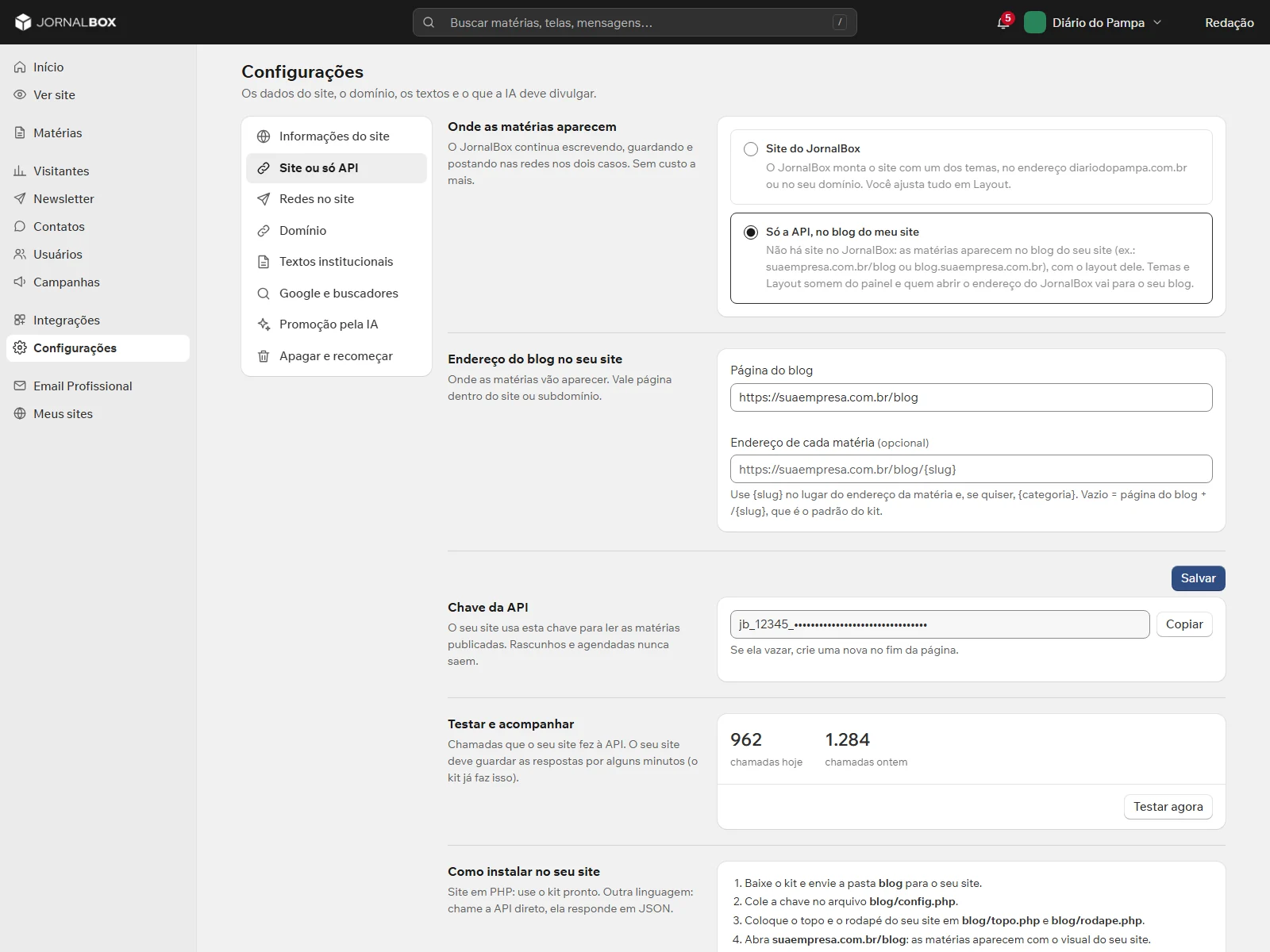 Configurações › Site ou só API no painel do JornalBox, com o modo Só a API, o endereço do blog e a chave