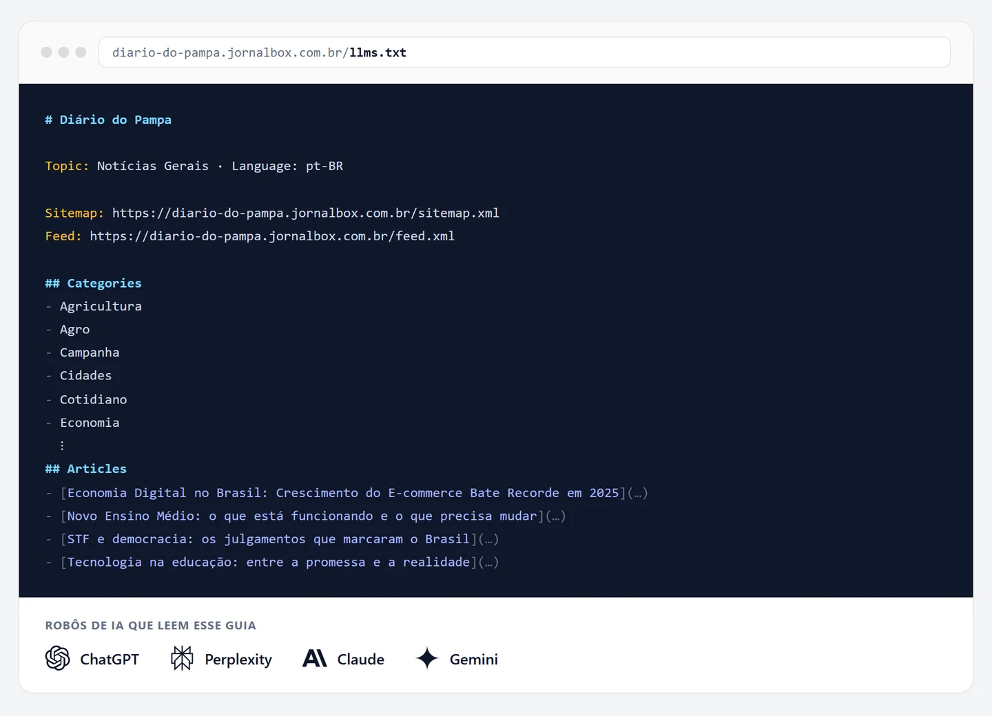 Robôs de IA lendo o llms.txt do portal