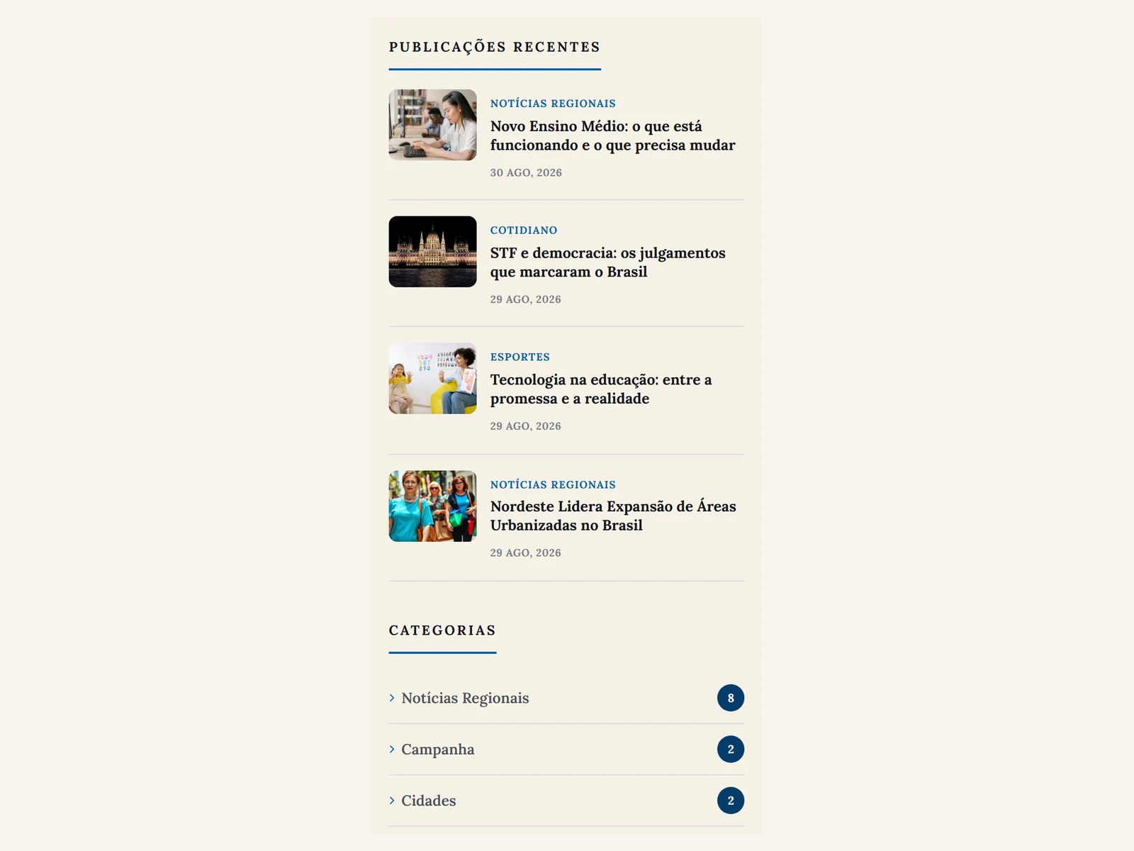 Widget de publicações recentes na sidebar