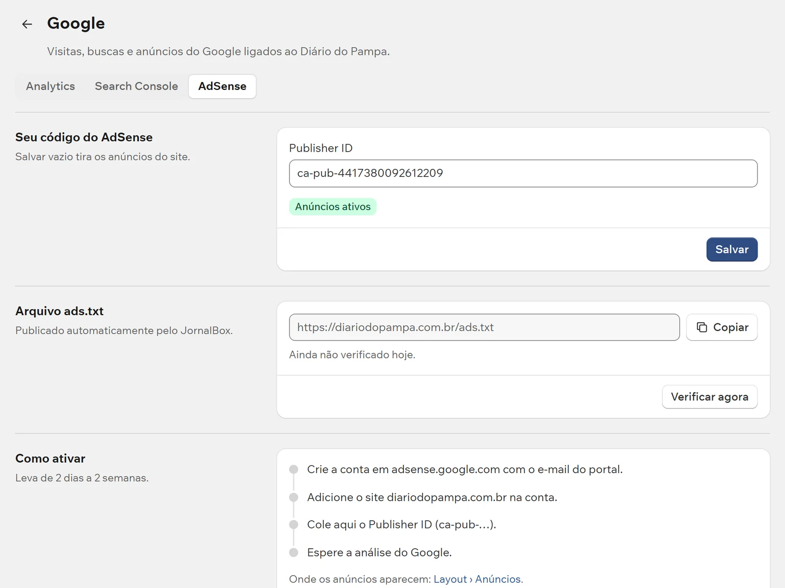 Publisher ID e ads.txt publicados pelo painel
