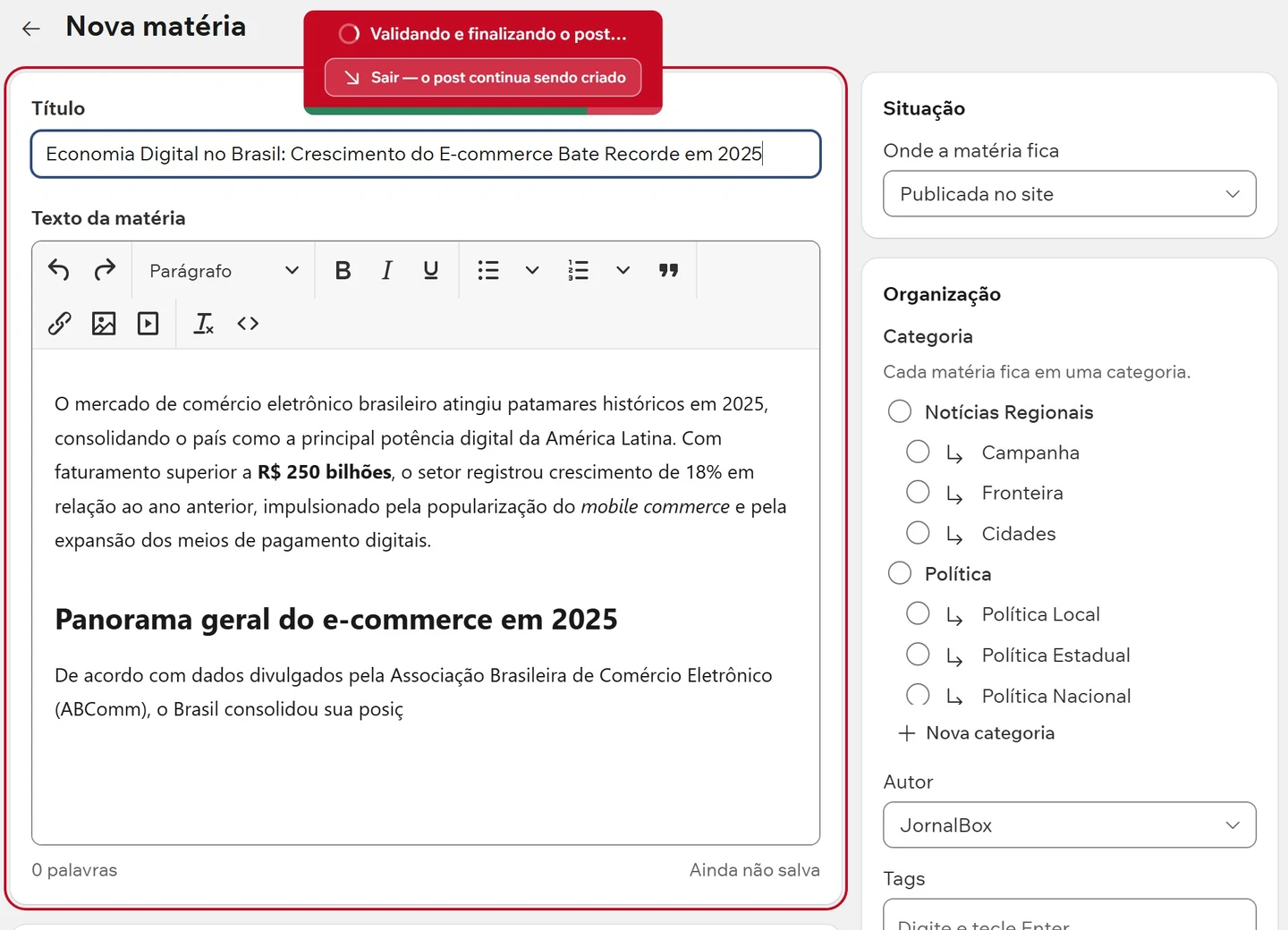 Tela do painel gerando uma matéria com IA