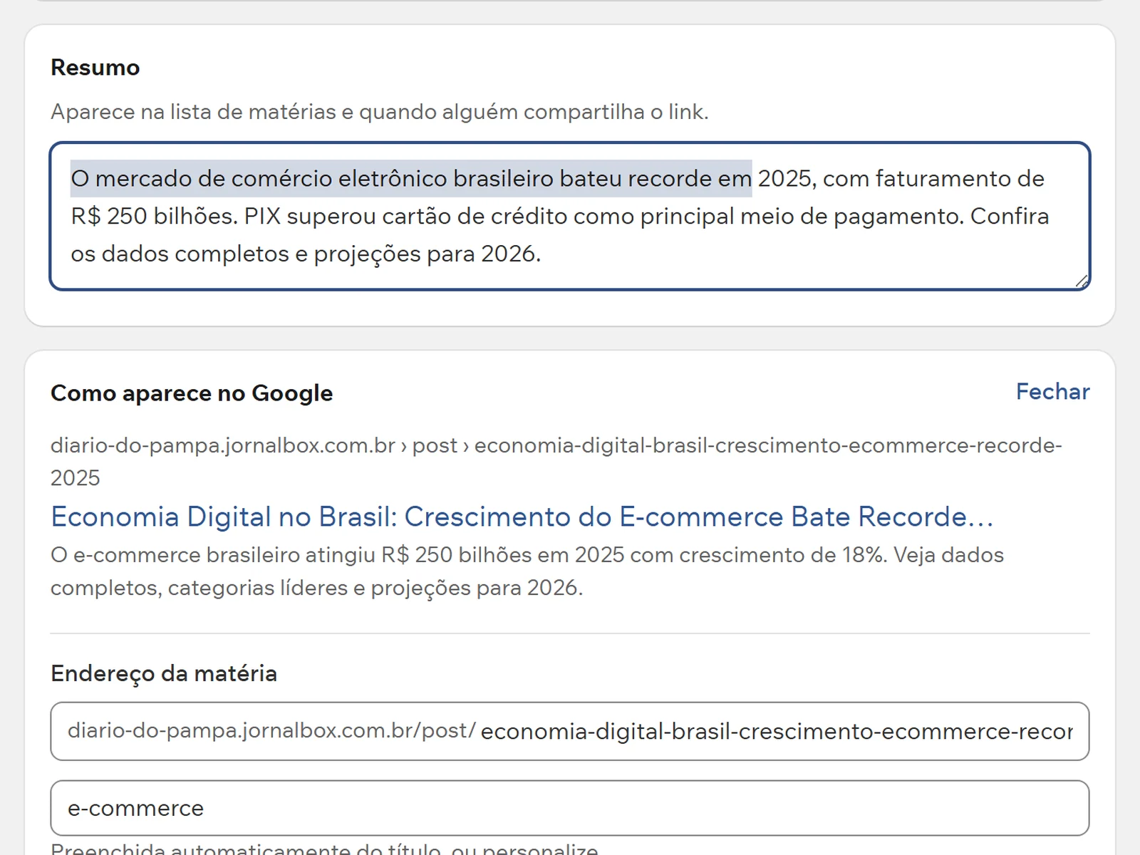 Editando o resumo do post