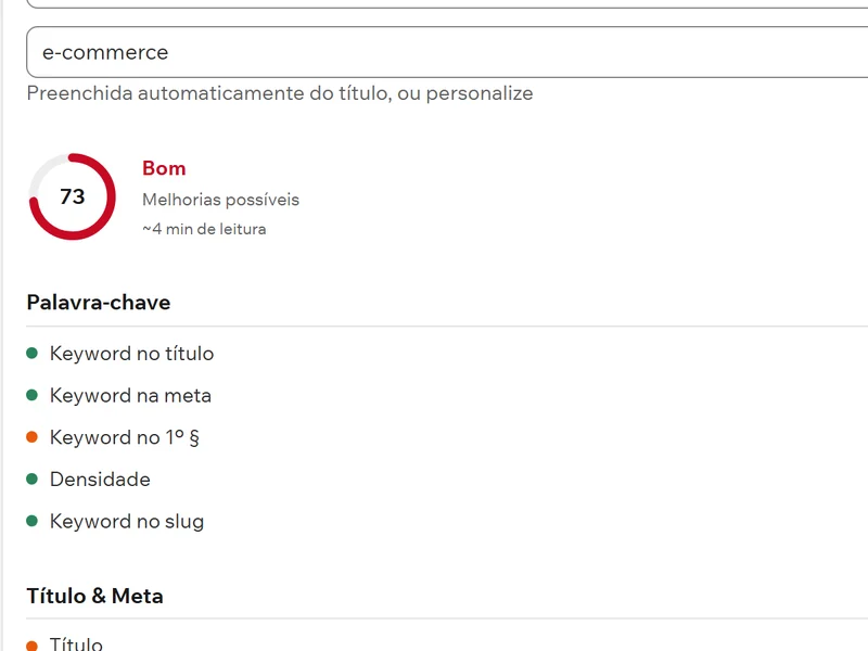 Nota de SEO da matéria e campo da palavra-chave, no editor de matérias