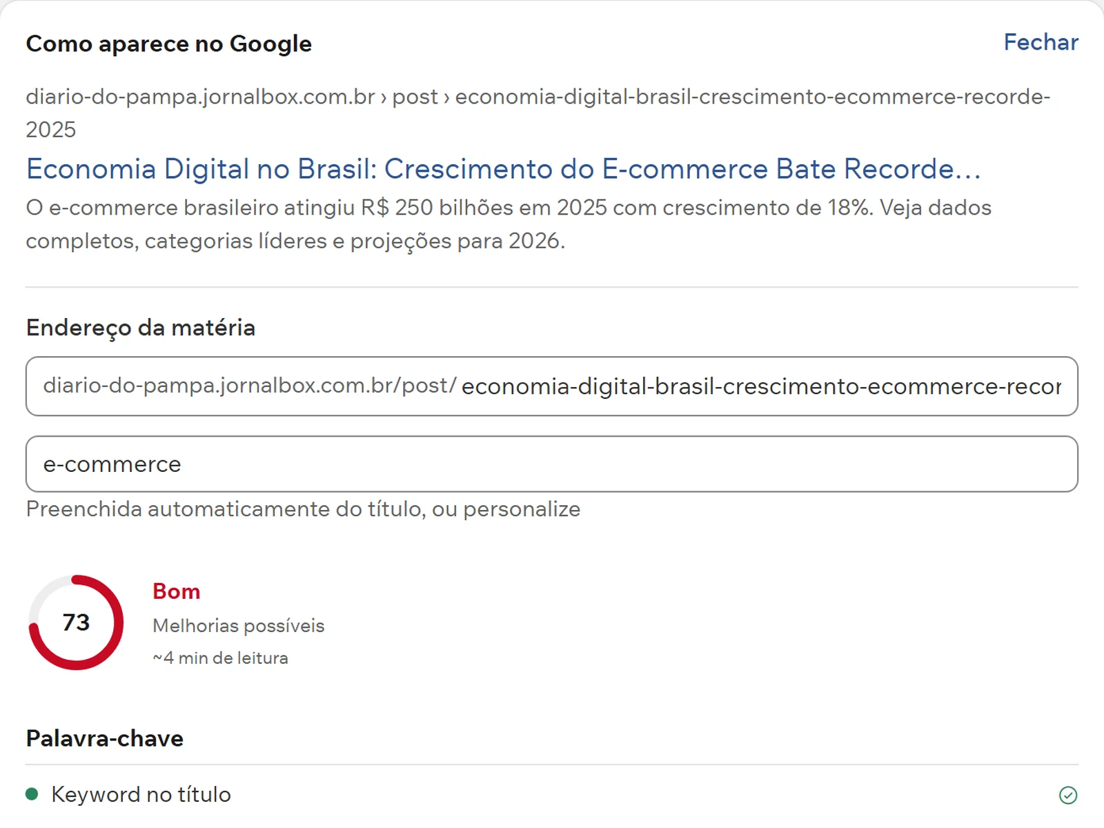 Checagem de título, meta descrição e slug da matéria