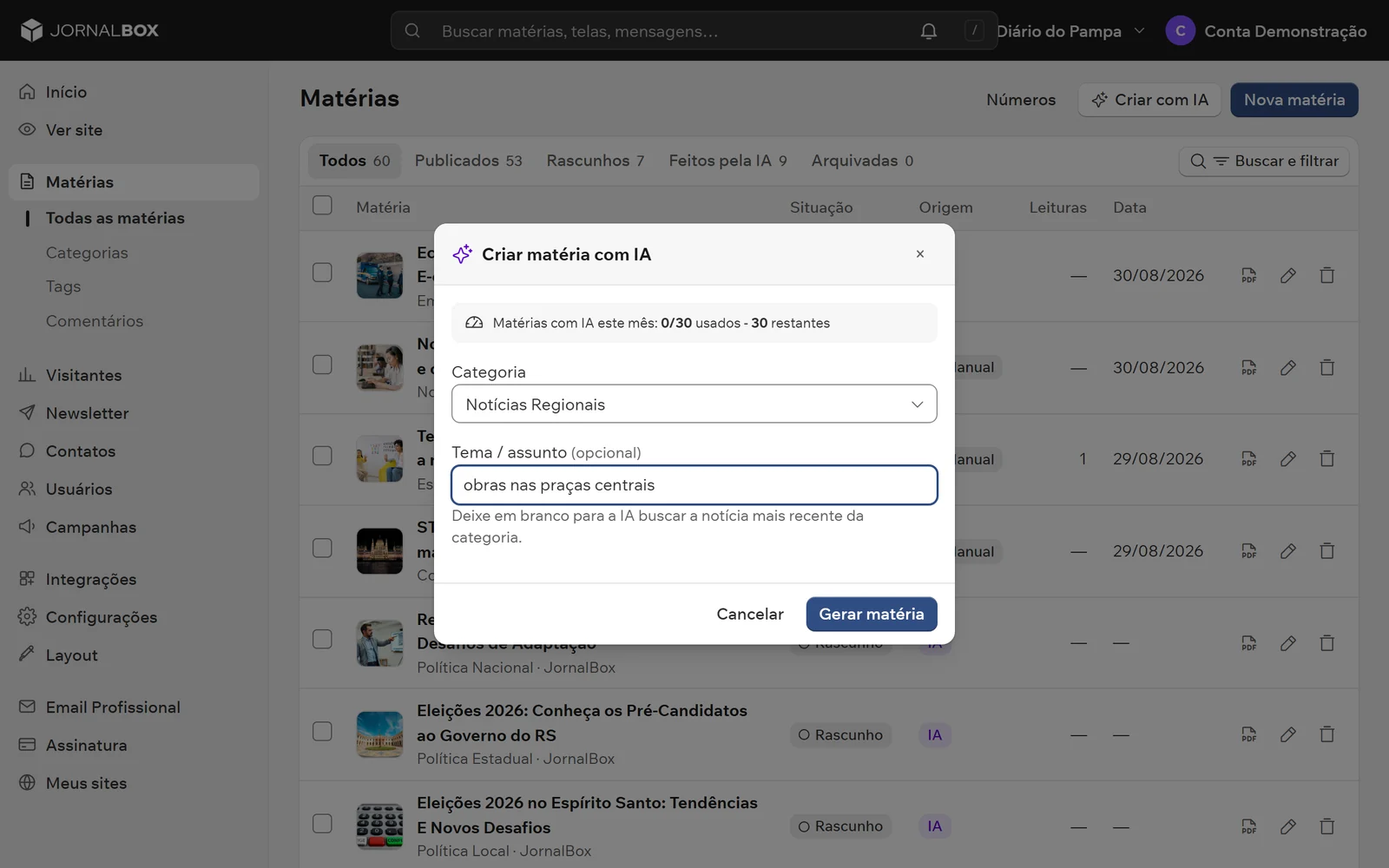 Tela de gerar matéria com IA no painel do JornalBox
