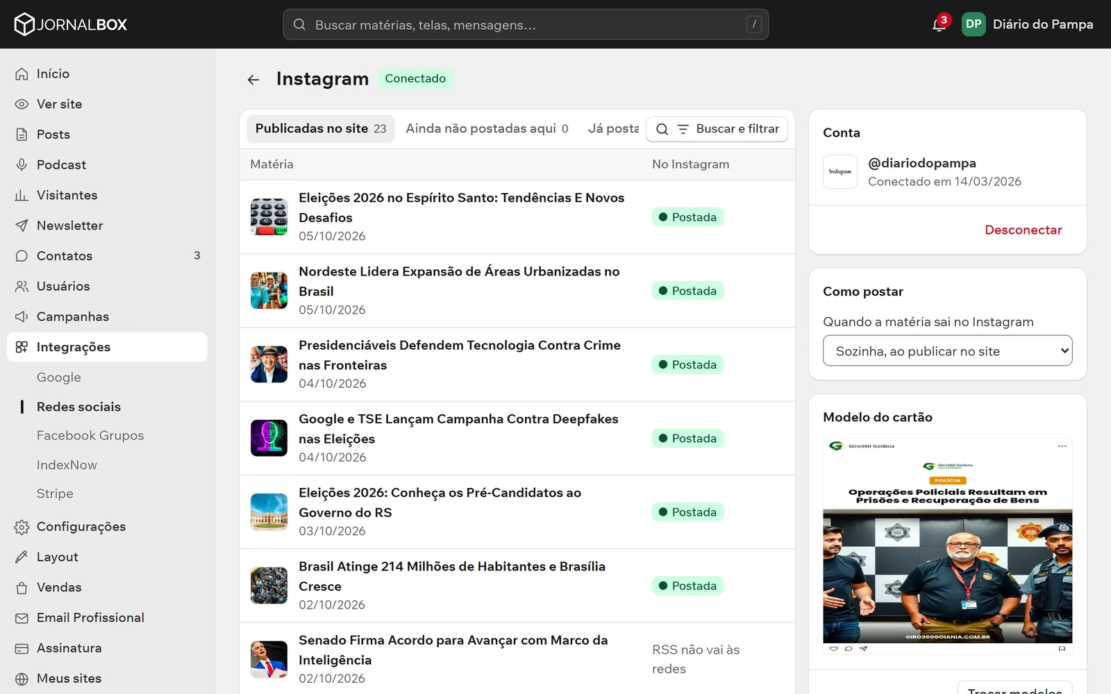 Redes sociais conectadas e o histórico de publicações