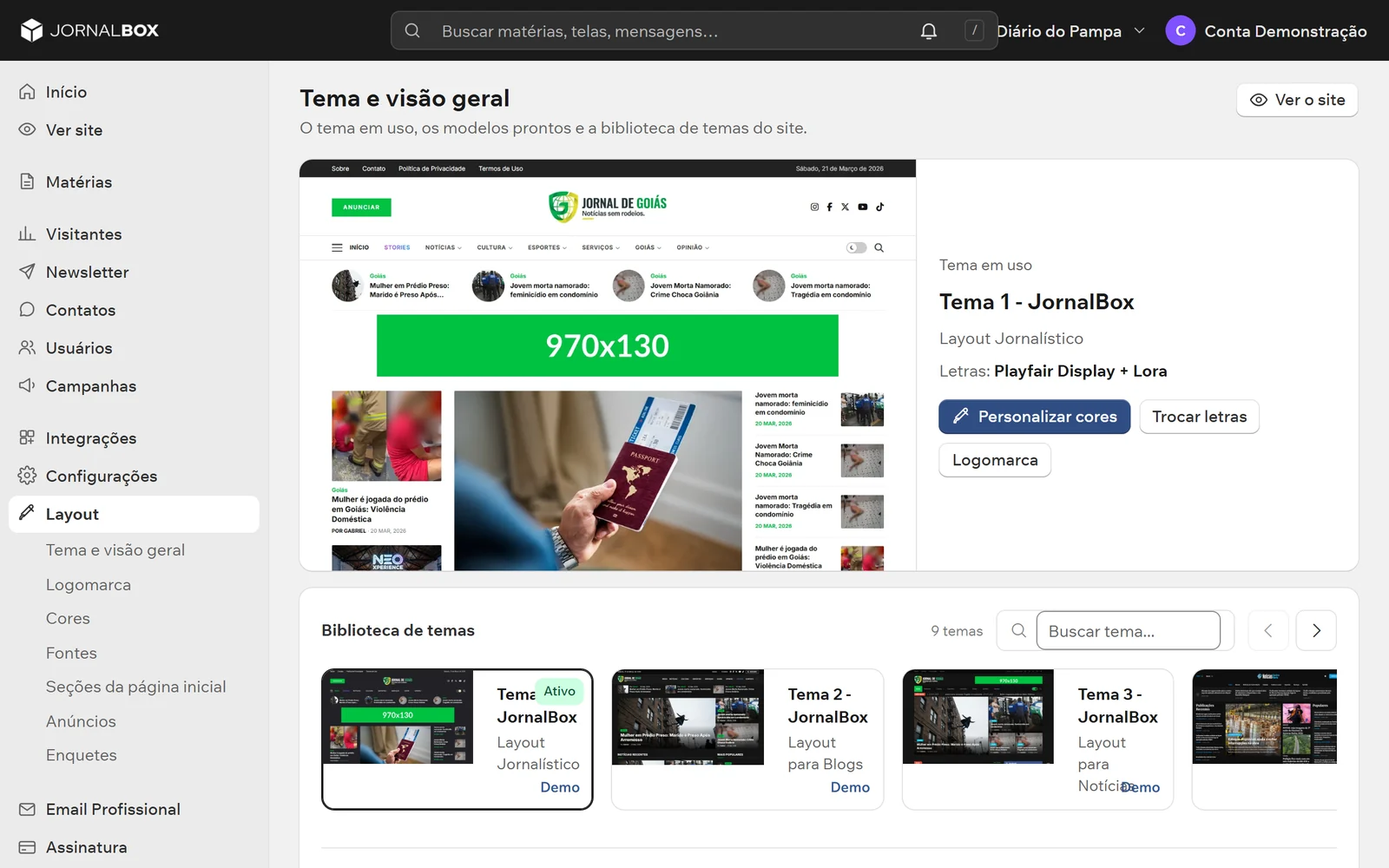 Personalização do tema: logomarca, cores, fontes e seções