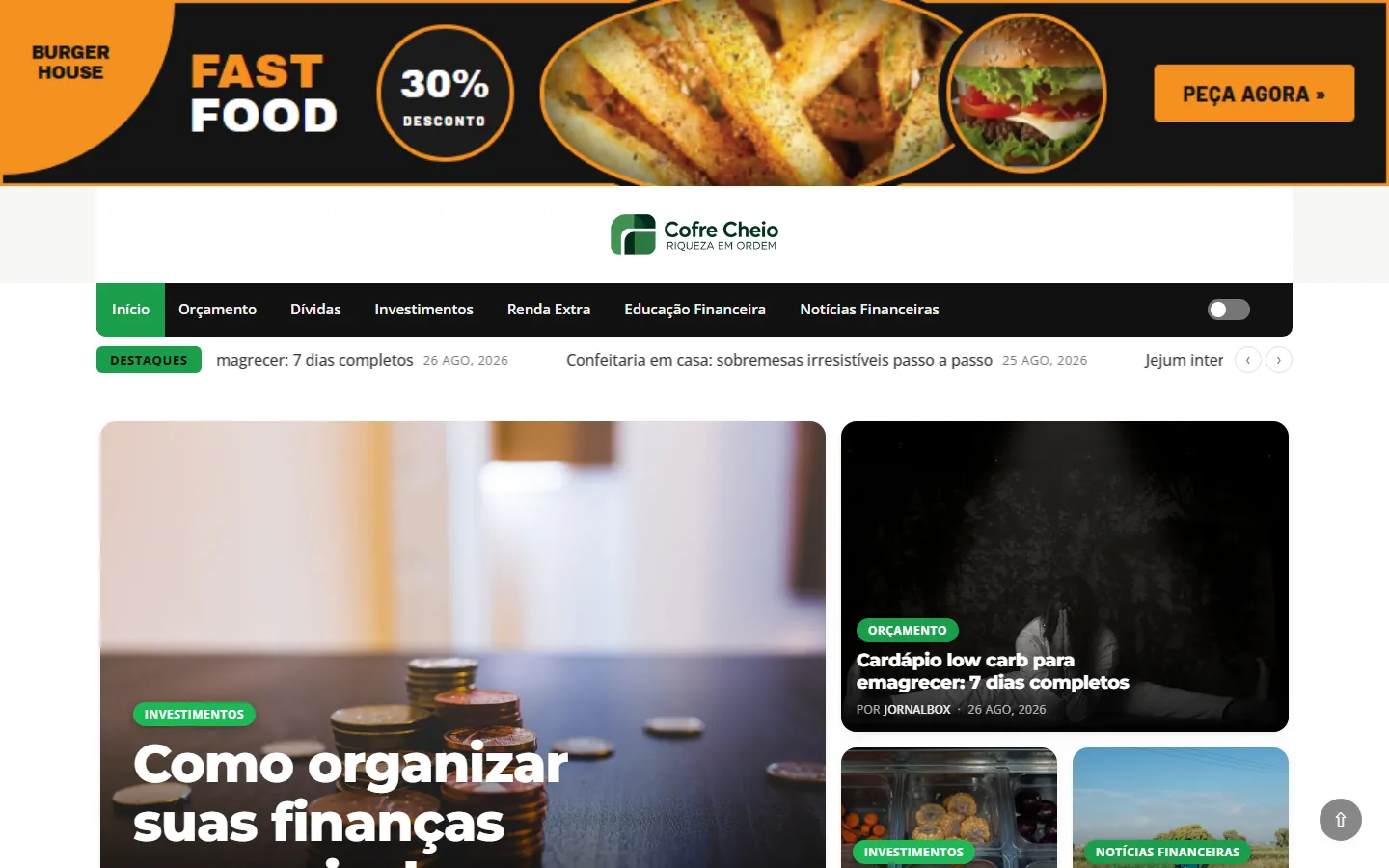 Página inicial do portal Cofre Cheio no computador