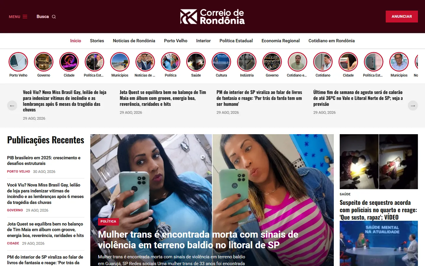 Página inicial do portal Correio de Rondônia no computador