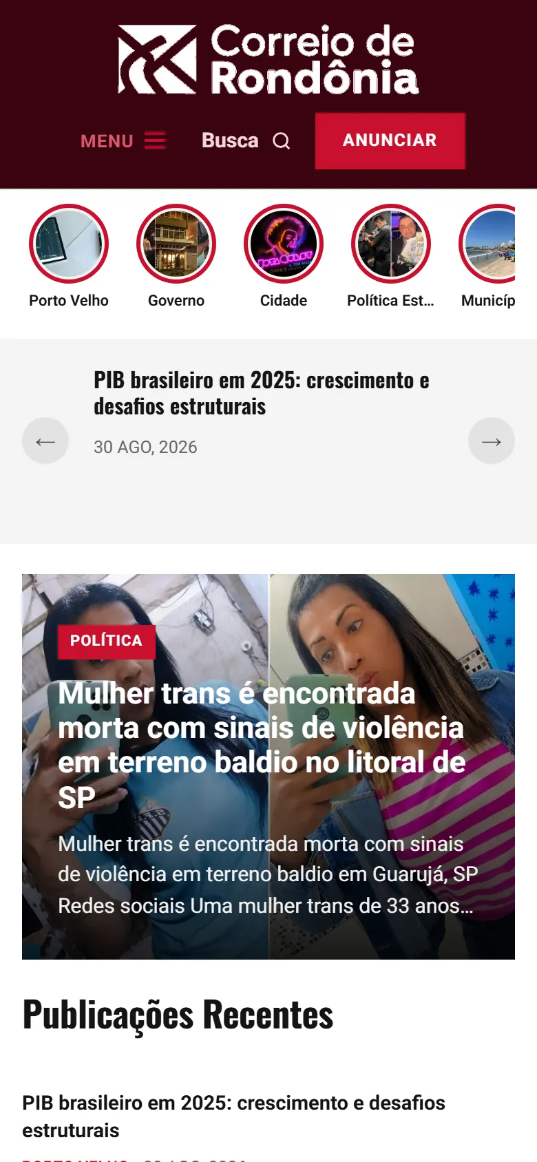 Portal Correio de Rondônia no celular