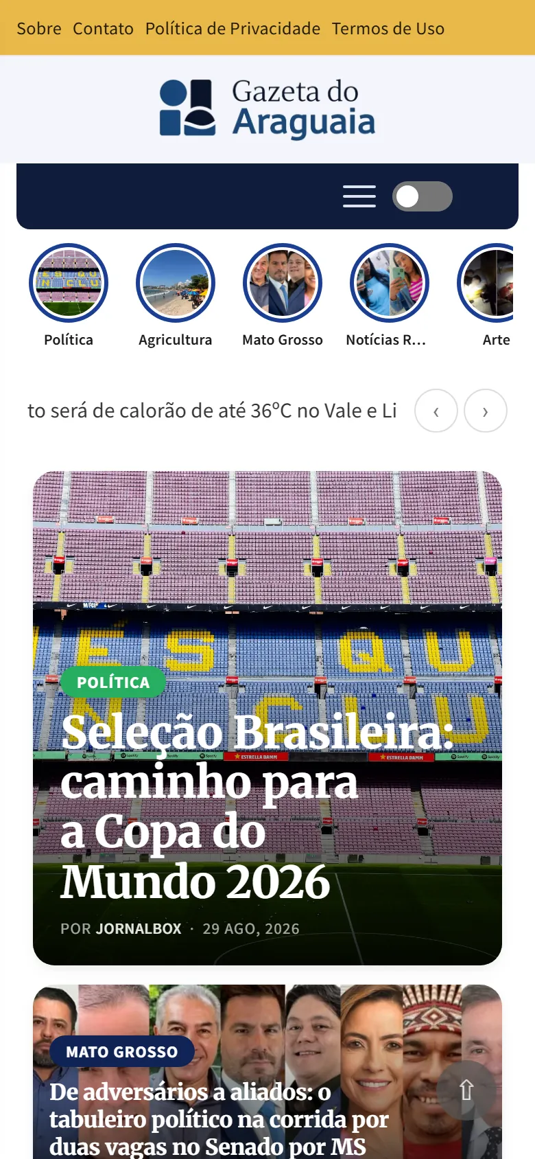 Portal Gazeta do Araguaia aberto no celular
