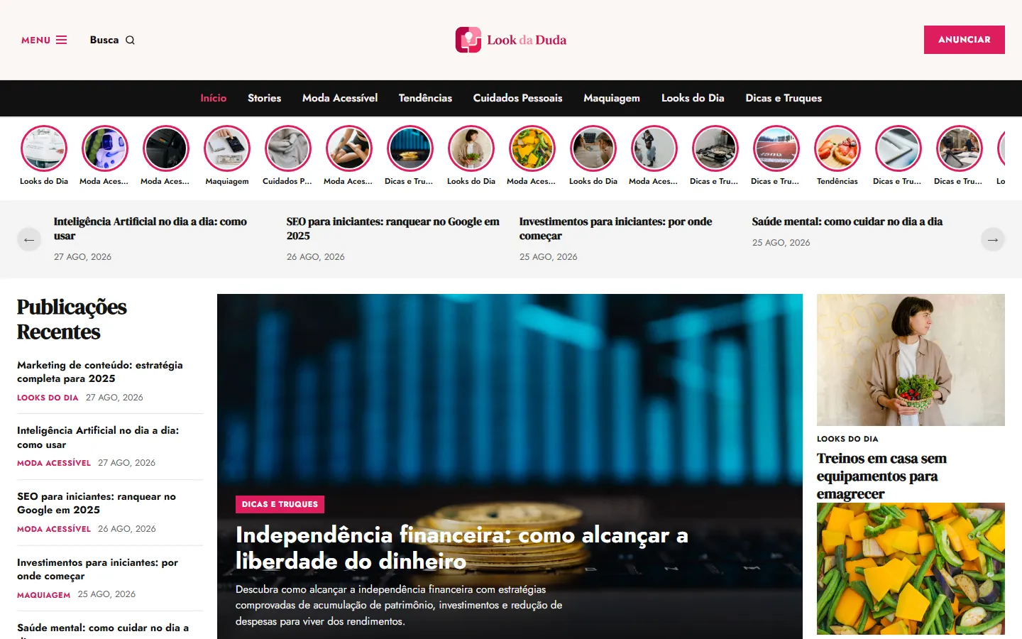 Página inicial do portal Look da Duda no computador