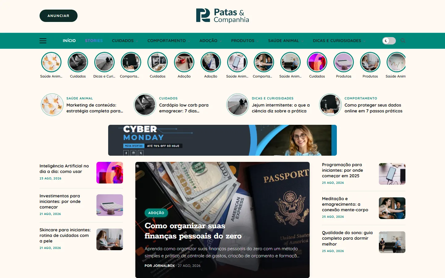 Página inicial do portal Patas & Companhia no computador