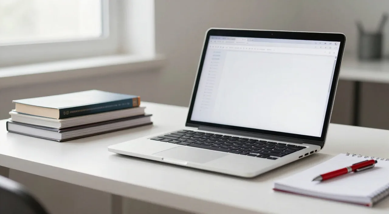 Mesa de trabalho com laptop e materiais de edição