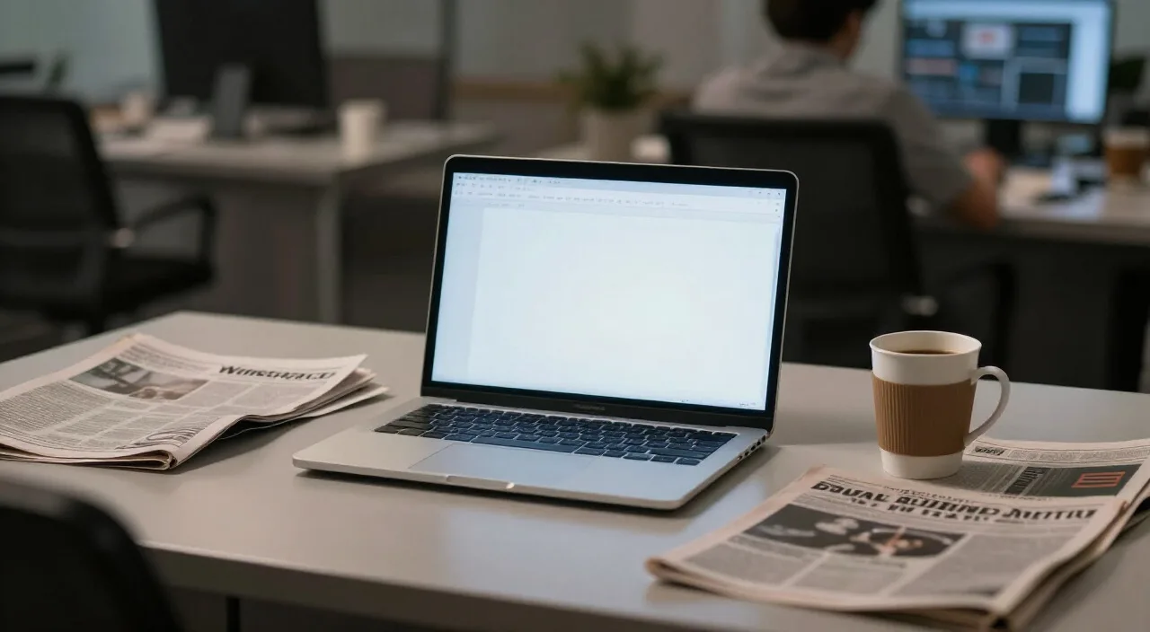 Mesa de redação com laptop, jornais e xícara de café, representando o uso de IA na redação jornalística.