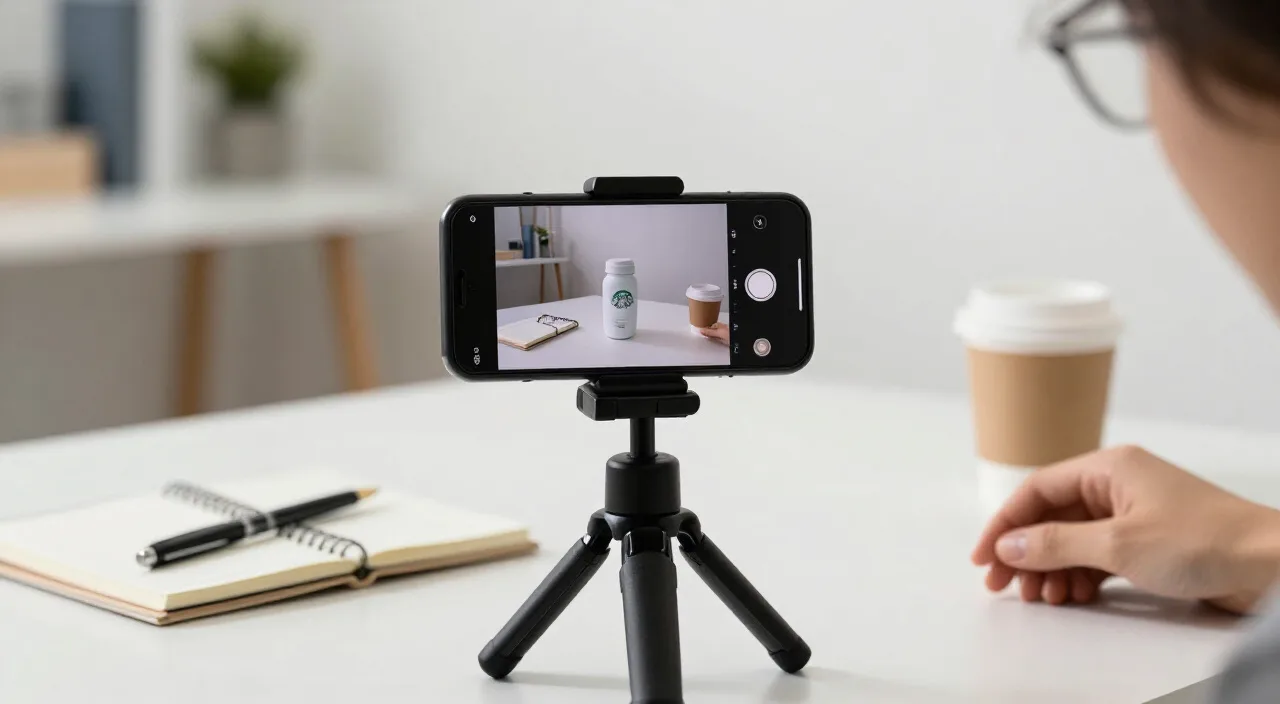 Smartphone em tripé e produto sobre mesa para conteúdo