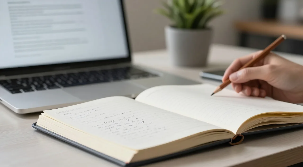 Caderno com anotações e laptop ao fundo em mesa clara