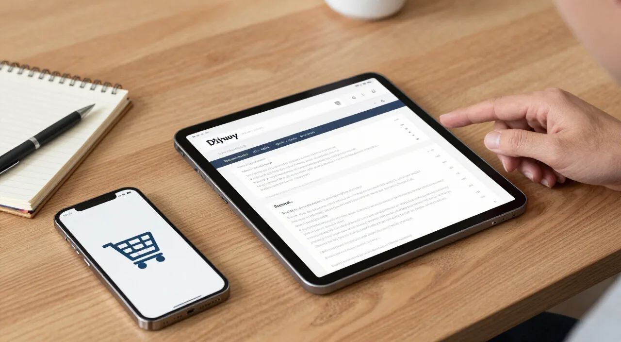 Tablet com página de review e itens de compras na mesa