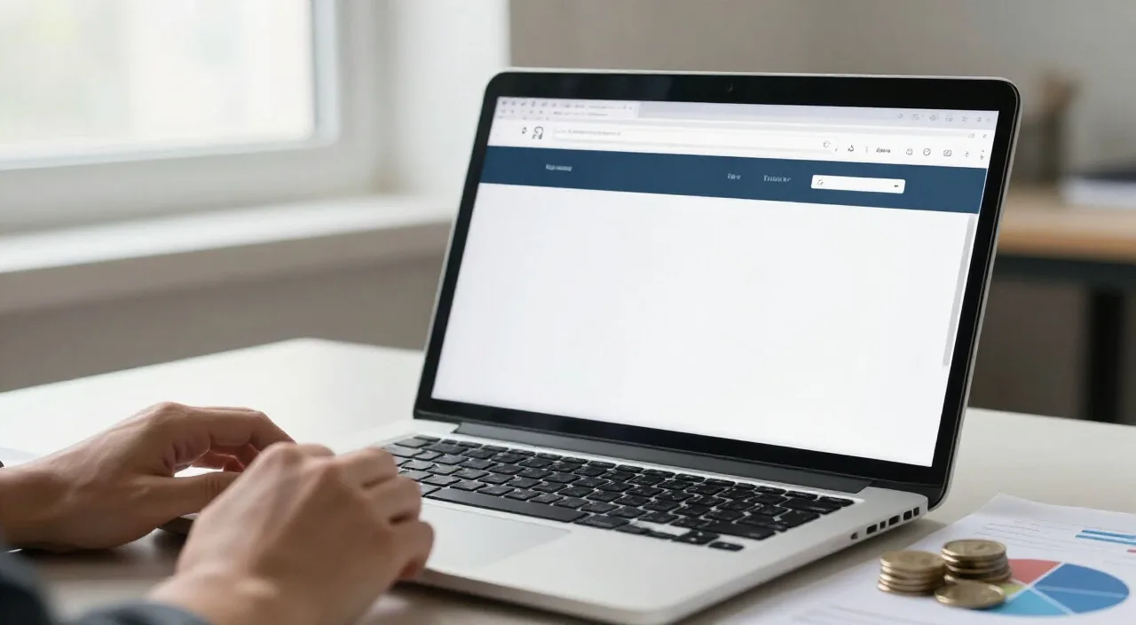 Laptop com anúncios online e moedas sobre a mesa