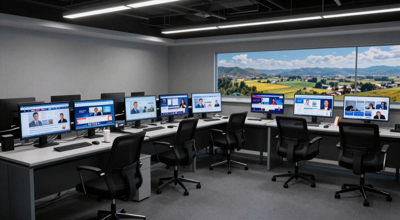 Mesa de redação com vários monitores exibindo sites de notícias, em um ambiente moderno.