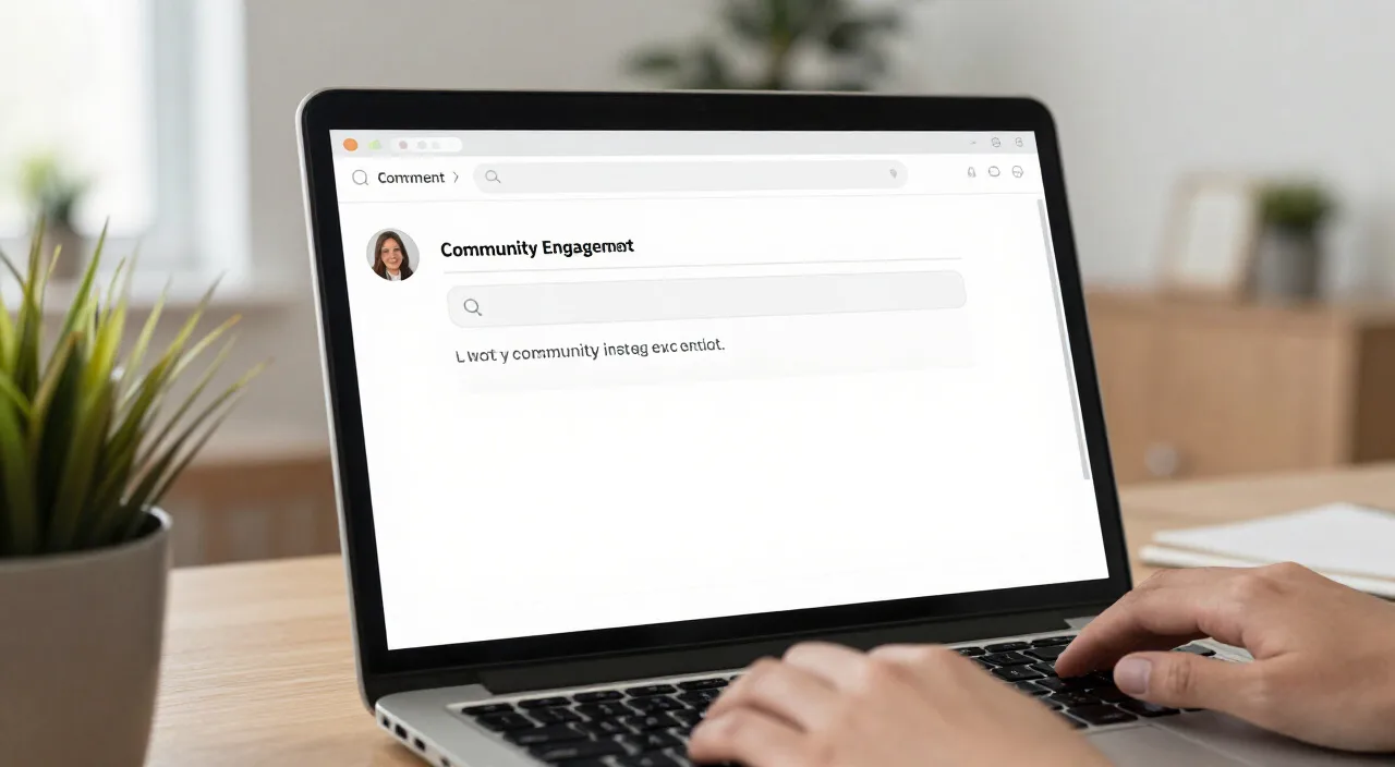 Laptop exibindo seção de comentários com planta ao lado