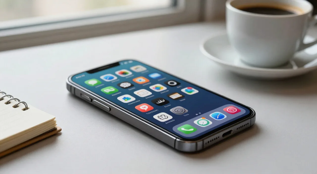 Smartphone com ícones de redes sociais sobre mesa