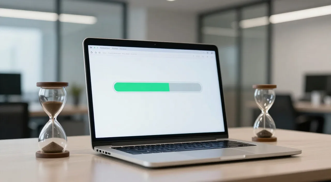 Laptop com barra de progresso e ampulheta sobre mesa