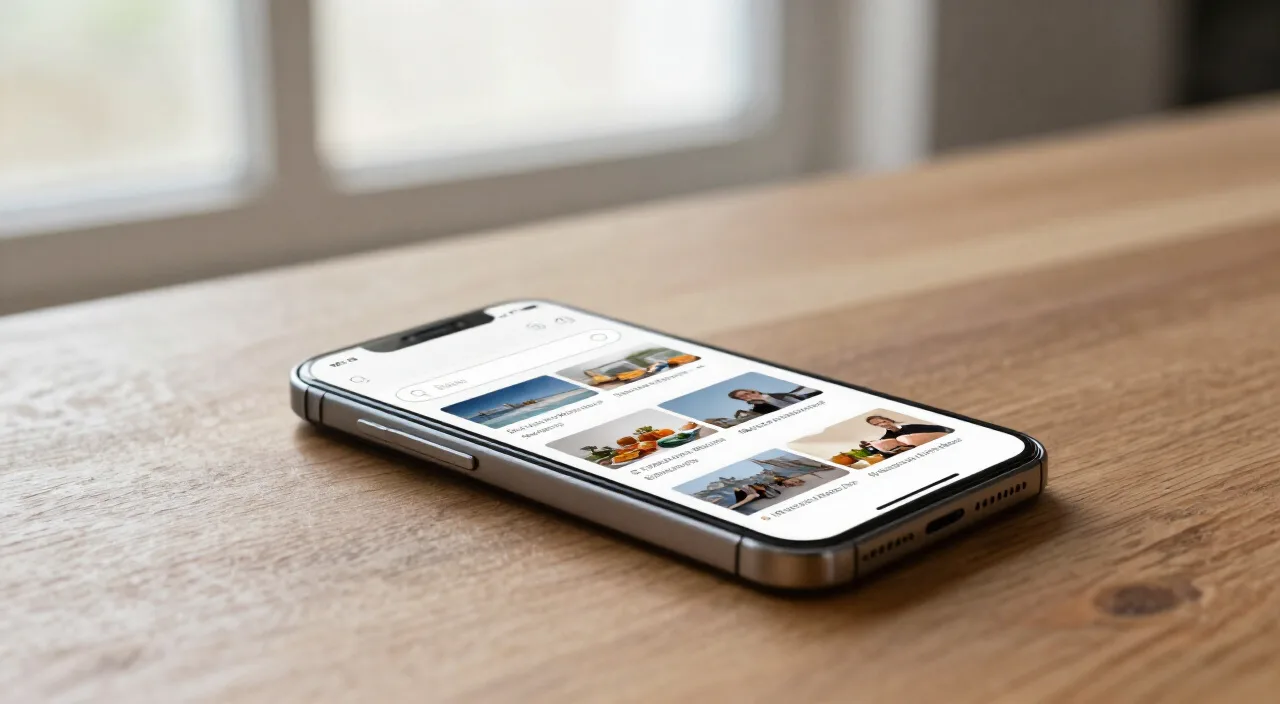 Smartphone sobre mesa de madeira exibindo site de notícias com barra de pesquisa e lista de artigos, ilustrando otimização para Google Notícias