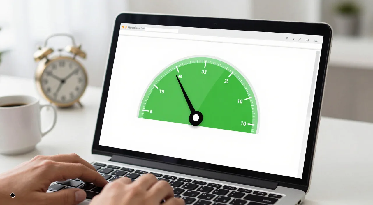 Laptop exibindo teste de velocidade de site com medidor