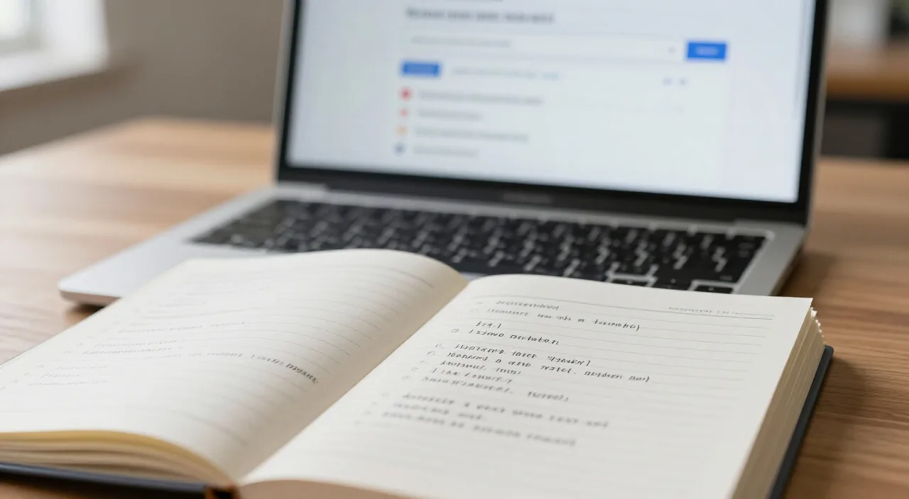 Caderno com anotações e laptop com resultados de busca