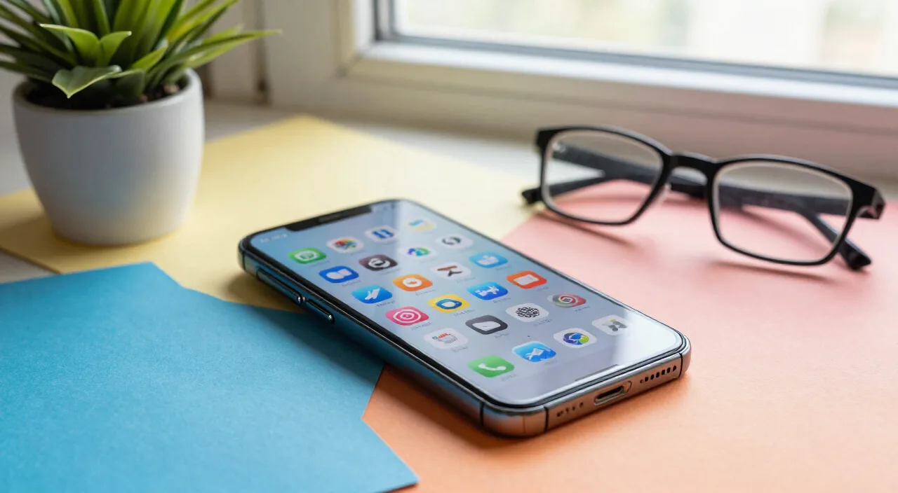 Smartphone com ícones de redes sociais sobre superfície colorida