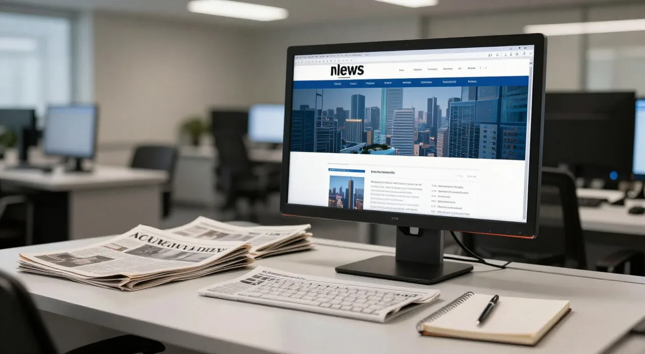 Mesa de redação com monitor exibindo site de notícias