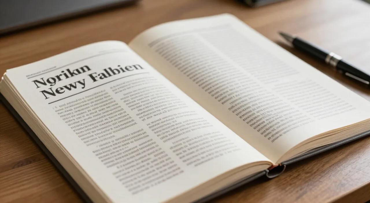 Caderno aberto com artigo impresso e caneta