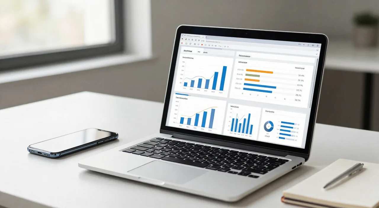 Laptop com painel de métricas e gráficos sobre mesa