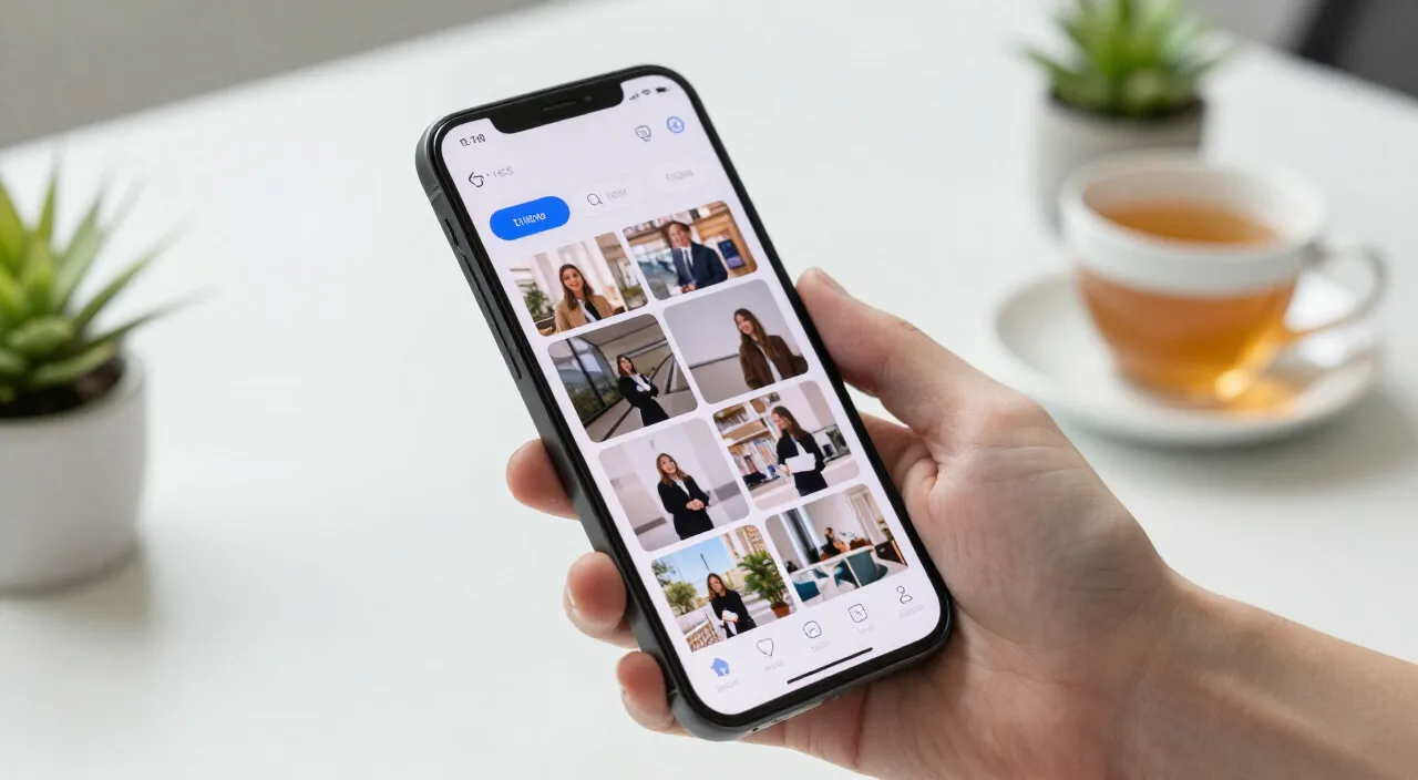 Smartphone com perfil e link na bio sobre mesa clara