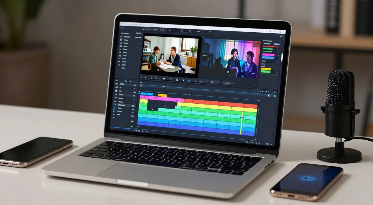 Laptop com linha do tempo de edição de vídeo e smartphone