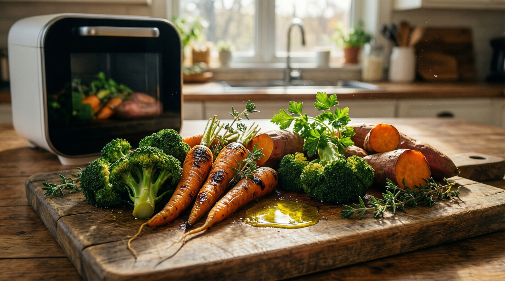 Roasted vegetables on a cutting board