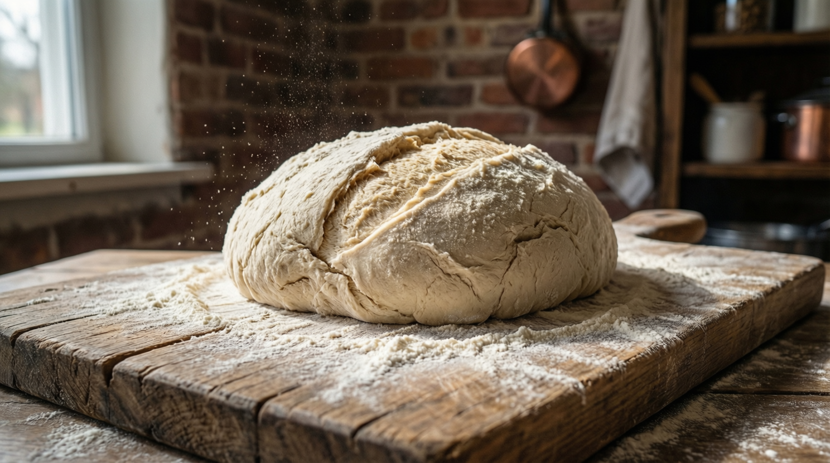 Massa de pão artesanal sobre tábua de madeira enfarinhada, com ingredientes naturais ao lado.