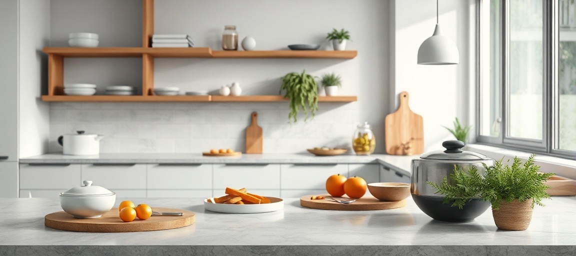 Bancada de cozinha com diversos eletrodomésticos modernos e compactos.