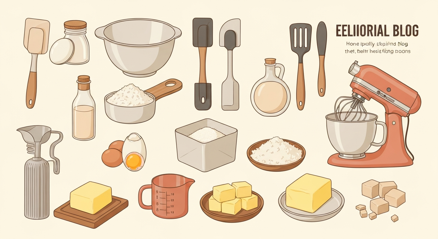 Utensílios de confeitaria e ingredientes sobre uma bancada de madeira.