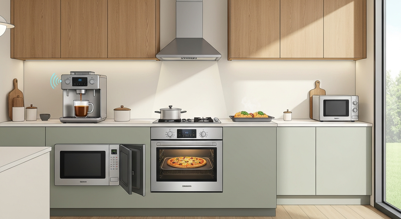 Cozinha moderna com eletrodomésticos inteligentes e design clean.