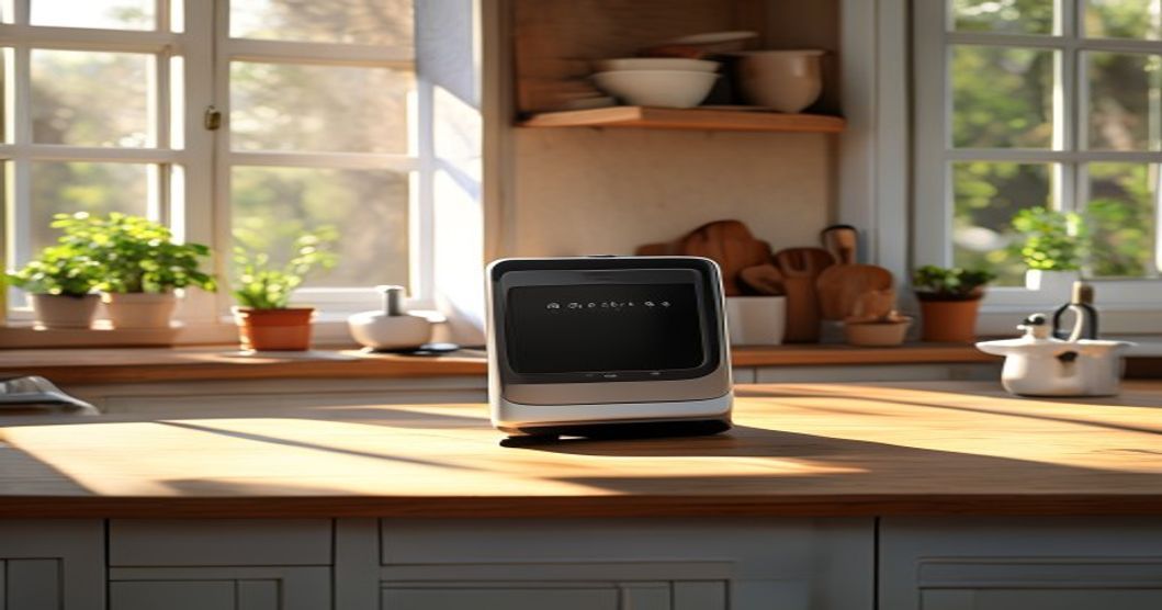 Fritadeira de ar compacta em bancada de cozinha simples.