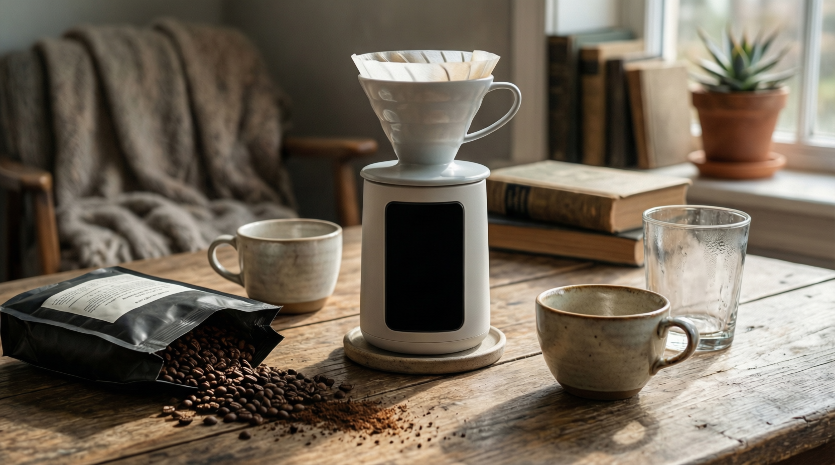 Coffee brewing station on a wooden table