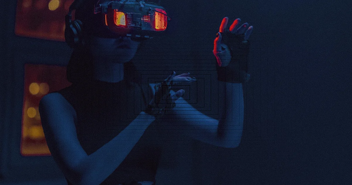Mãos interagindo com uma tela holográfica, simbolizando tecnologia avançada e futuro.