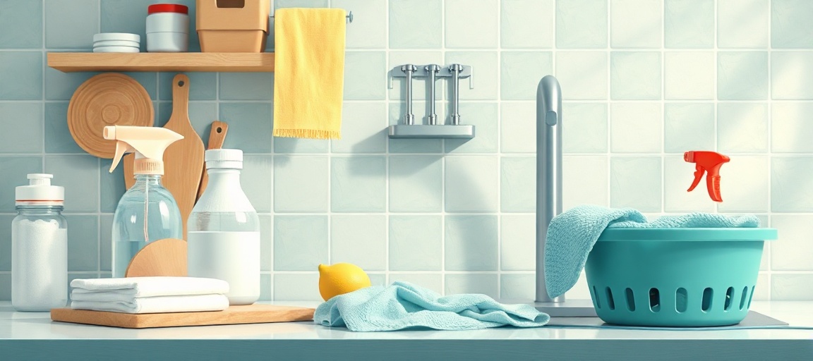 Produtos de limpeza e esponja sobre uma pia de cozinha.