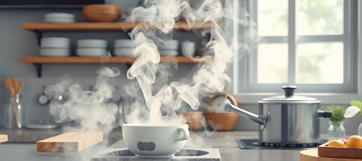 Vapor saindo de uma panela quente na cozinha.