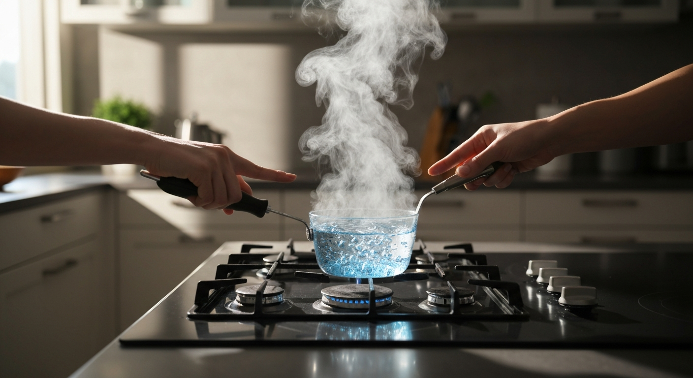 Circulador de imersão aquecendo água em recipiente de cozinha.