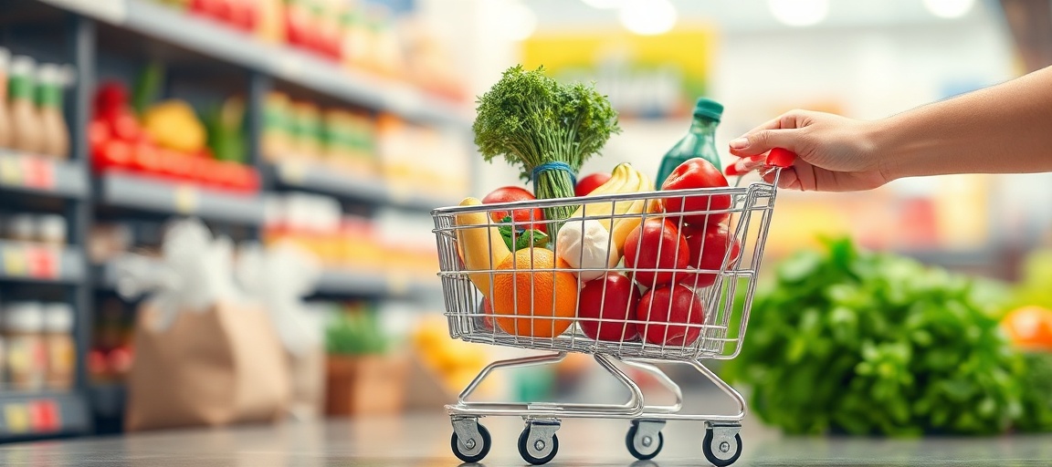 Pessoa empurrando um carrinho de compras em um supermercado.