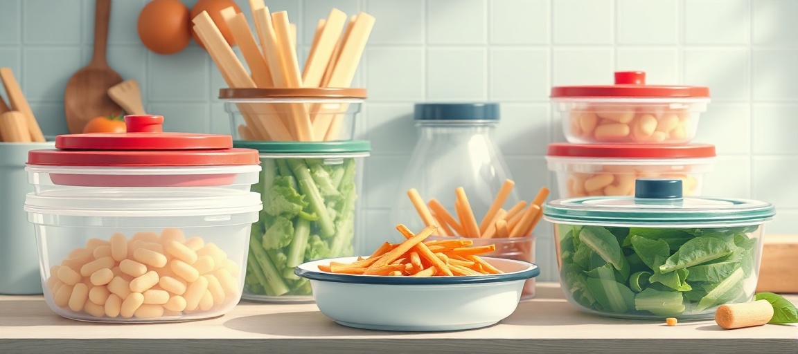 Recipientes de vidro e plástico com alimentos preparados em uma cozinha.