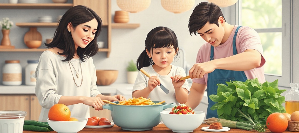 Família feliz cozinhando junta na cozinha, preparando uma refeição saudável.